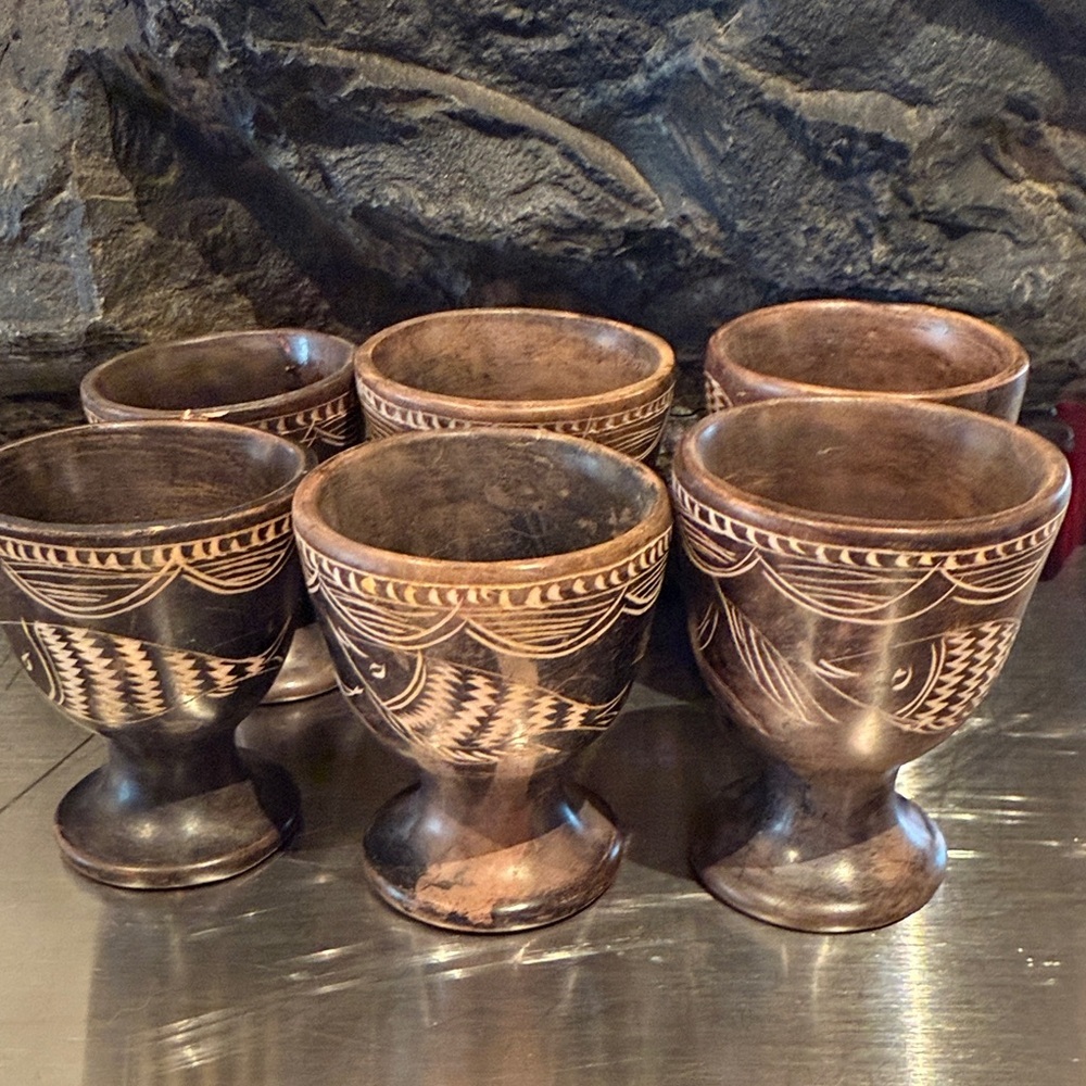 Vintage Handmade Stone Egg Cups with Fish design from Africa